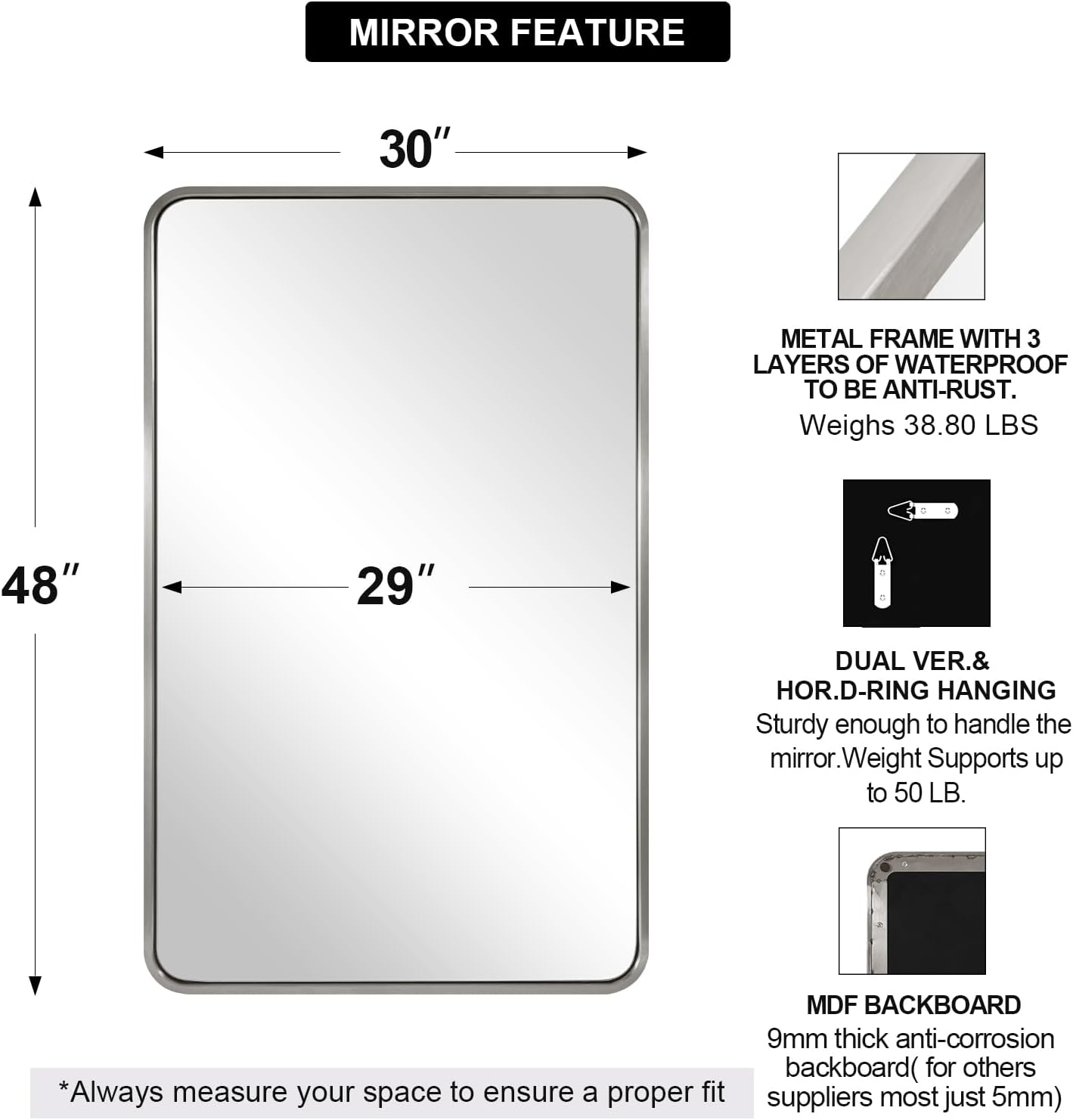 ANDY STAR 30x48 Inch Brushed Nickel Bathroom Mirror, Rounded Corner Brushed Silver Mirror, SUS304-Anti-Rust Metal Tube Frame Wall Mounted Horizontal/Vertical 1’’ Deep
