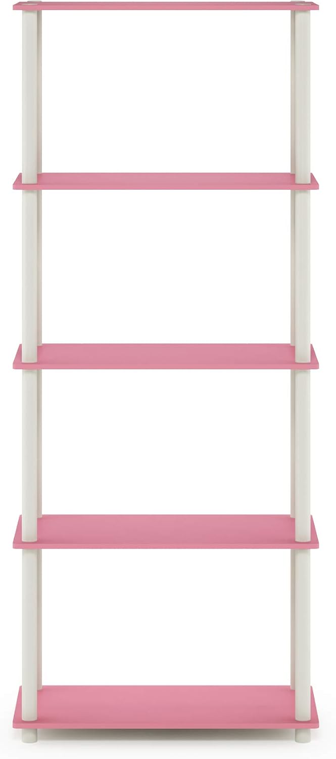 Furinno Turn-N-Tube Multipurpose Shelf / Display Rack / Storage Shelf / Bookshelf, 5-Tier Round Tube, Pink/White