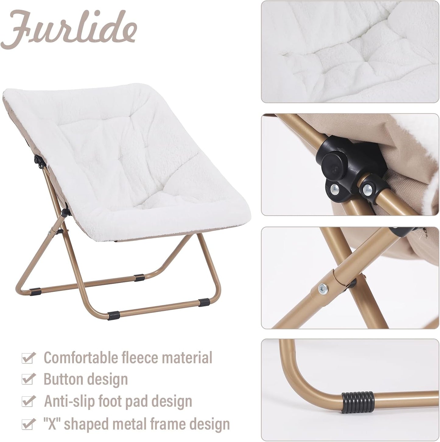 Saucer Chair, Comfy Bedroom Chairs, Oversized Folding Faux Fur Chair, Foldable Metal Frame Chair for Bedroom, Study, Playroom (White)
