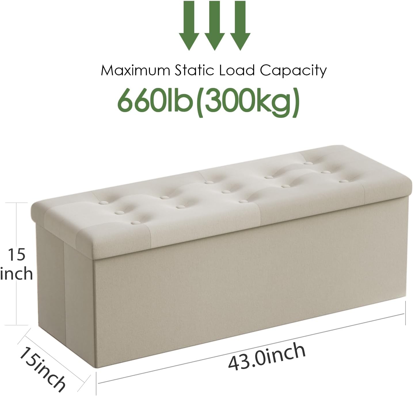 PRANDOM Jumbo Ottoman with Storage [1-Pack] Velvet Folding Small Square Foot Stool with Lid for Living Room Bedroom Coffee Table Dorm Beige 43x15x15 inches