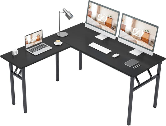 DlandHome Reversible L-Shaped Desk Large Corner Desk Folding Table Computer Desk Home Office Table Computer Workstation,Black-N