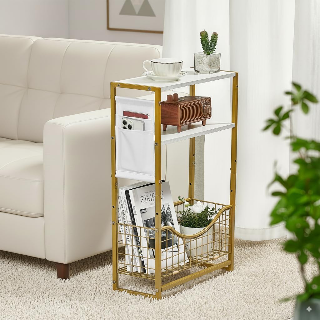 Narrow Side Table, Skinny Small End Tables with Magazine Holder, 3 Tier Small Sofa Side Table for Smalls Spaces, Sofa Couch Tables Bedside Table for Living Room Bedroom Office