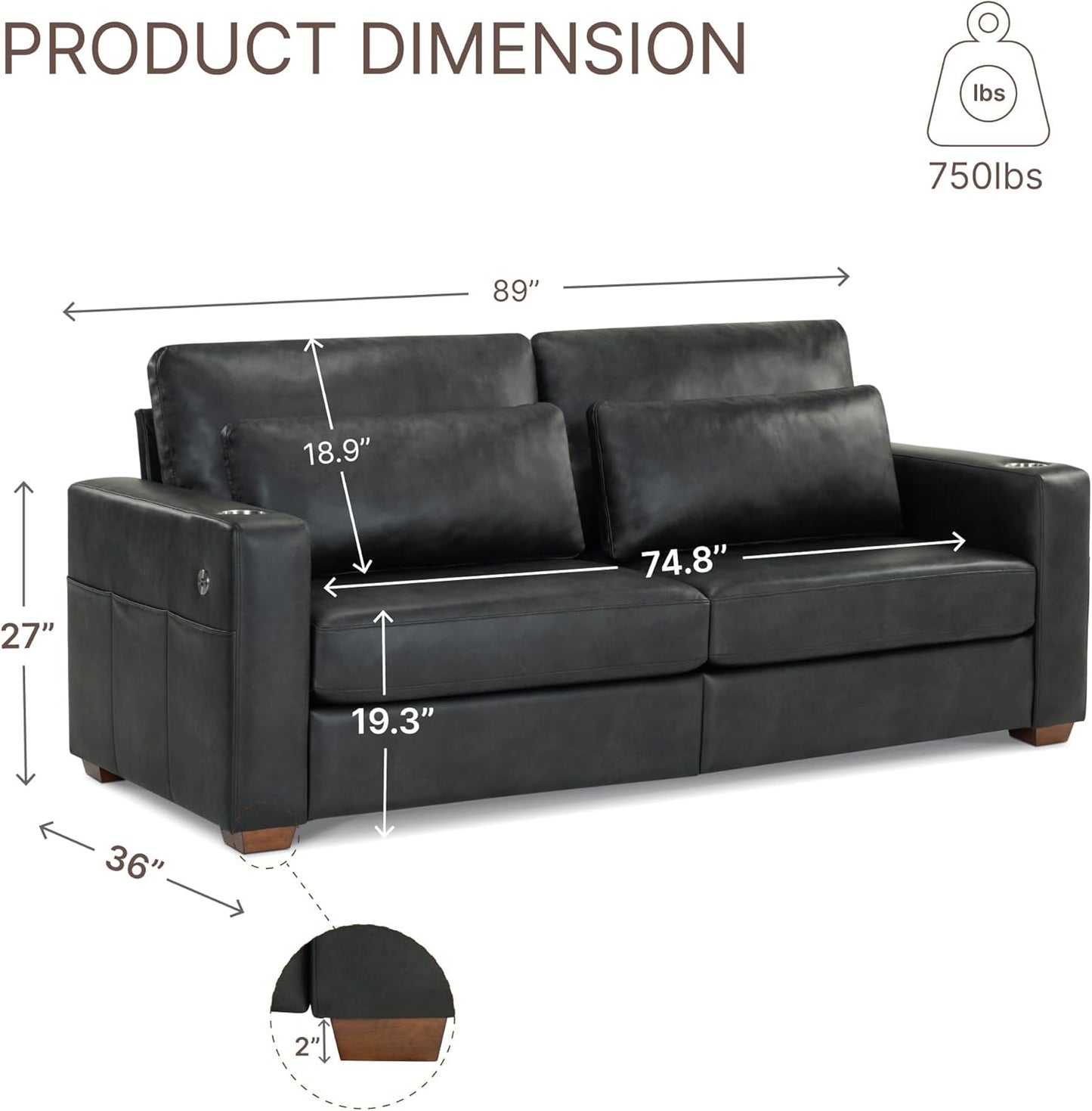 89" Sofa Couch for Living Room Faux Leather Upholstered Couch with Deep Seats and Wide Armrests 3 Seater Comfy Sofa with Cup Holders, USB & Type-C Ports, Spring Cushion, Solid Wood Frame Black