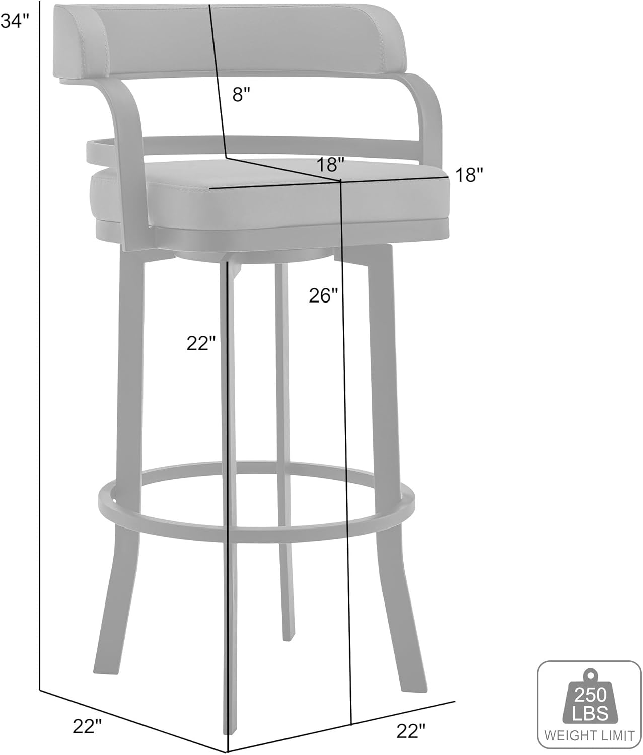Armen Living Prinz Modern 26" Seat Height Gray Faux Leather and Black Steel Metal Swivel Bar Stool for Kitchen Island Counter