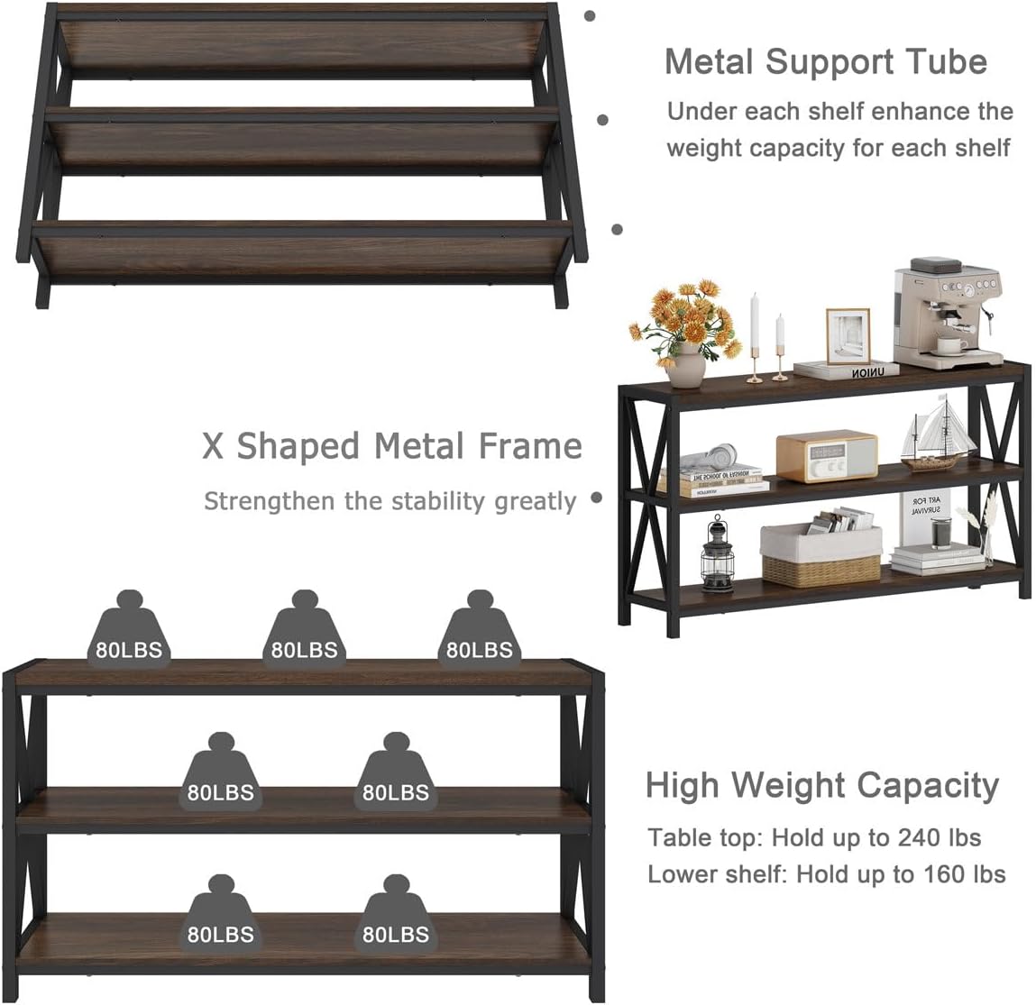 FATORRI Console Table for Entryway, Modern Entry Table with 3 Tier Shelves, Couch Tables Behind Sofa for Living Room (55 Inch, Dark Walnut)