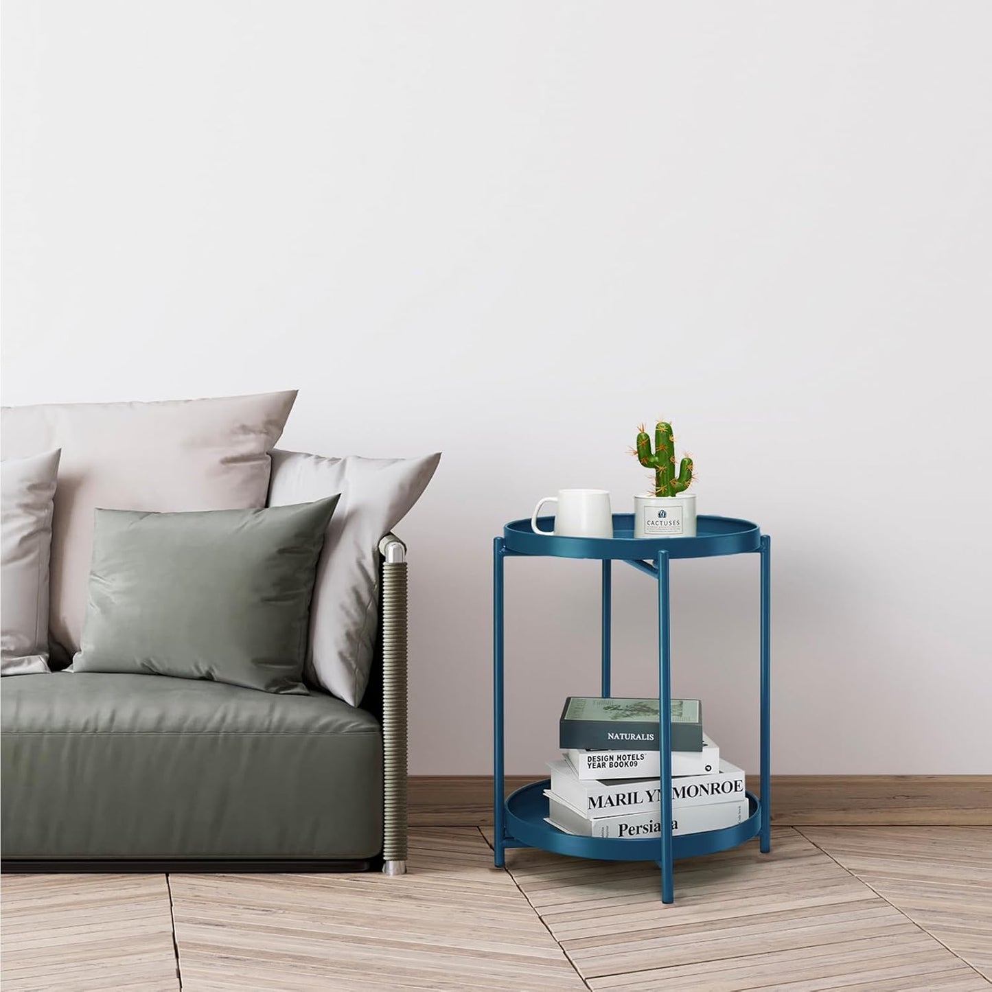danpinera 2-Tier End Table, Outdoor Side Table Metal Round Side Table with Removable Tray, Small Accent Table, Anti-Rust Nightstand for Bedroom Balcony Patio Living Room (Navy Blue)