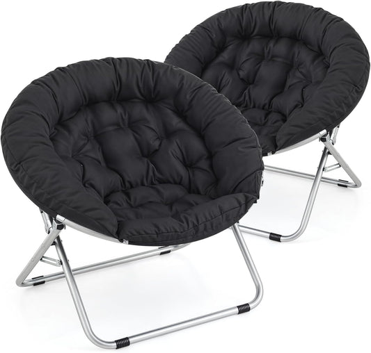 MoNiBloom Round Folding Saucer Chairs Set of 2 for Bedroom Living Room Dorm Foldable Metal Frame Comfy Soft Lounge Lazy Cozy Moon Chairs for Teens (Black)