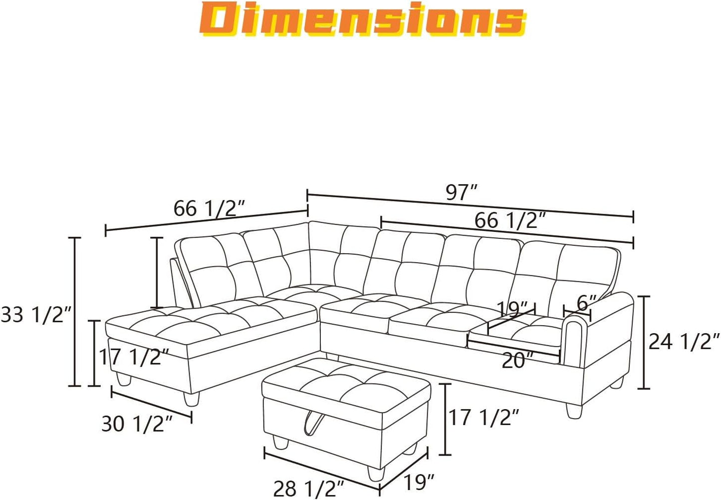 L Shaped Sectional Couch with Otttoman, 97" Sectional Sofa for Living Room Flannel Modular Couches with Cup Holders for Bedroom, Apartments, Red