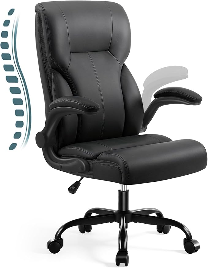 Executive Office Chair,High Back Ergonomic Comfy Desk Chair with Padded Flip-up Armrests and Wheels,PU Leather Heavy Duty Computer Swivel Rolling Task Chair for Home Office,Adults,White