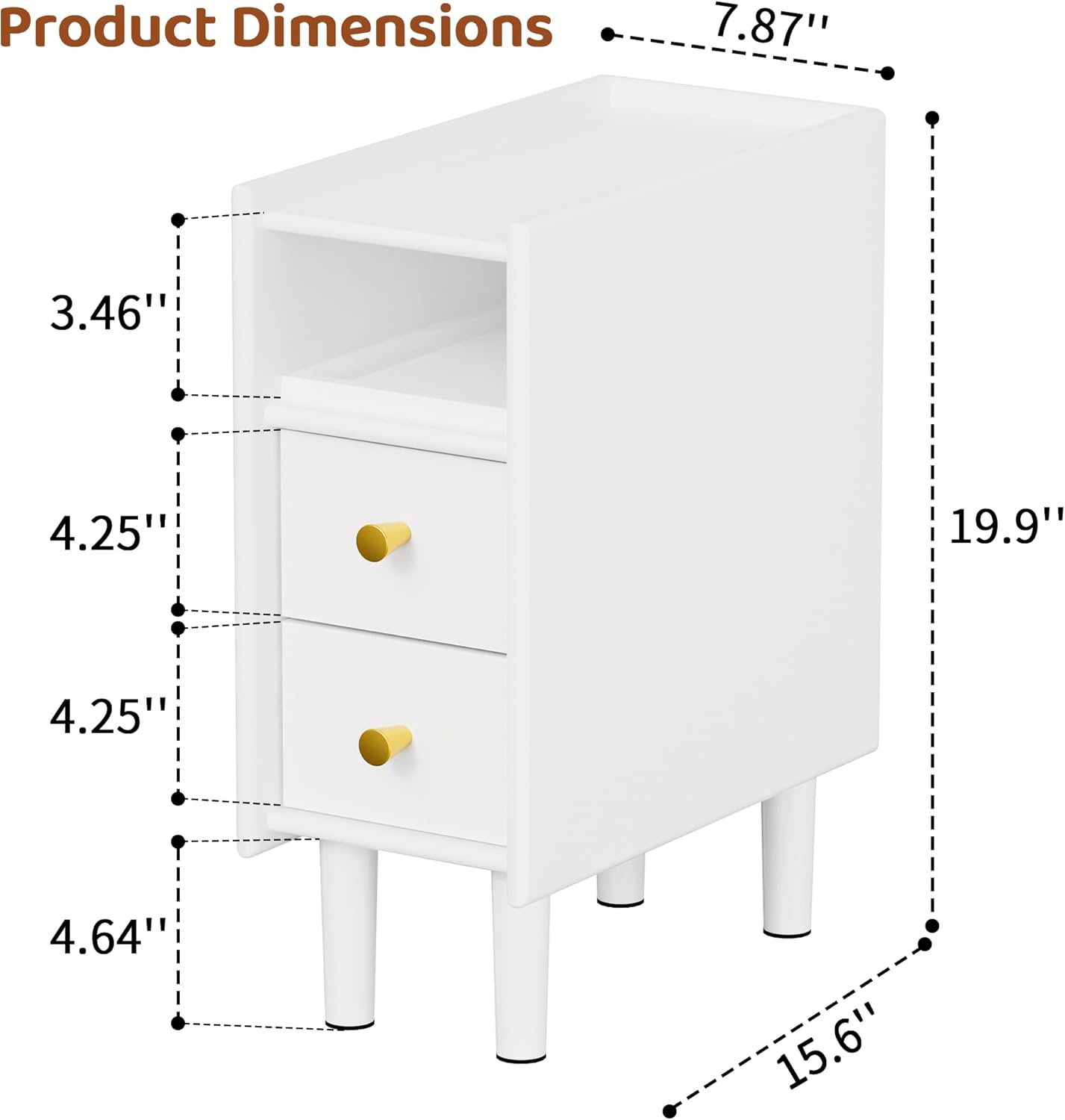 Huolewa Narrow Nightstand with 2 Drawers - Solid Wood Narrow Side Table with Open Shelf for Small Spaces, Couch, Bedroom, Living, Office - Small Bedside Table, End Tables (White, 7.87 inch)