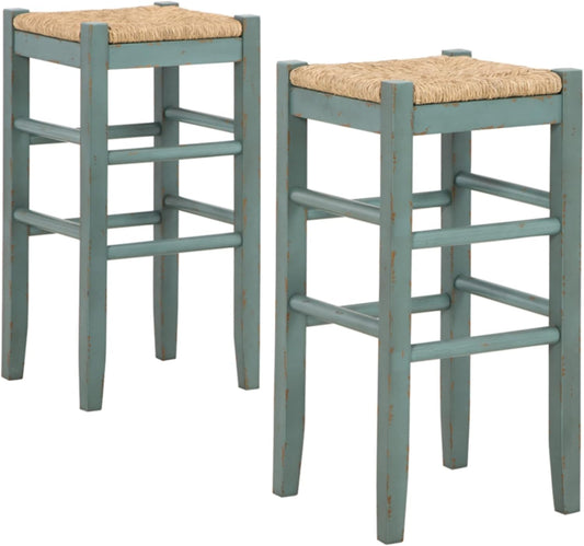 Signature Design by Ashley Mirimyn Farmhouse 29.5" Bar Height Bar Stool with Woven Wicker Seats, 2 Count, Green & Light Brown