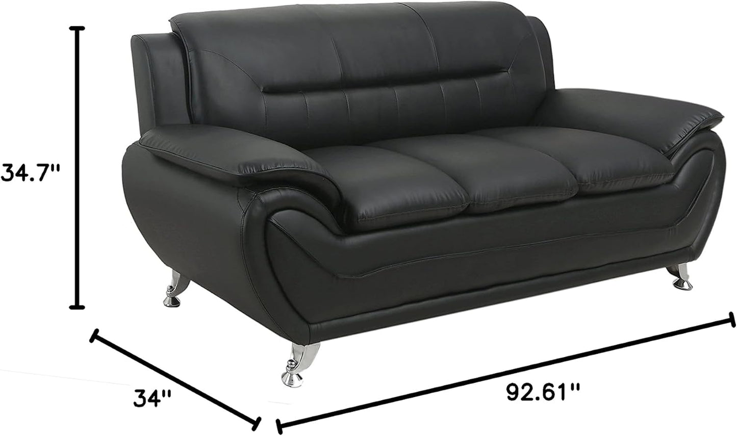 Container Furniture Direct Michael Modern Faux Leather Upholstered Stainless Steel Legs Living Room Sofa, Midnight Black
