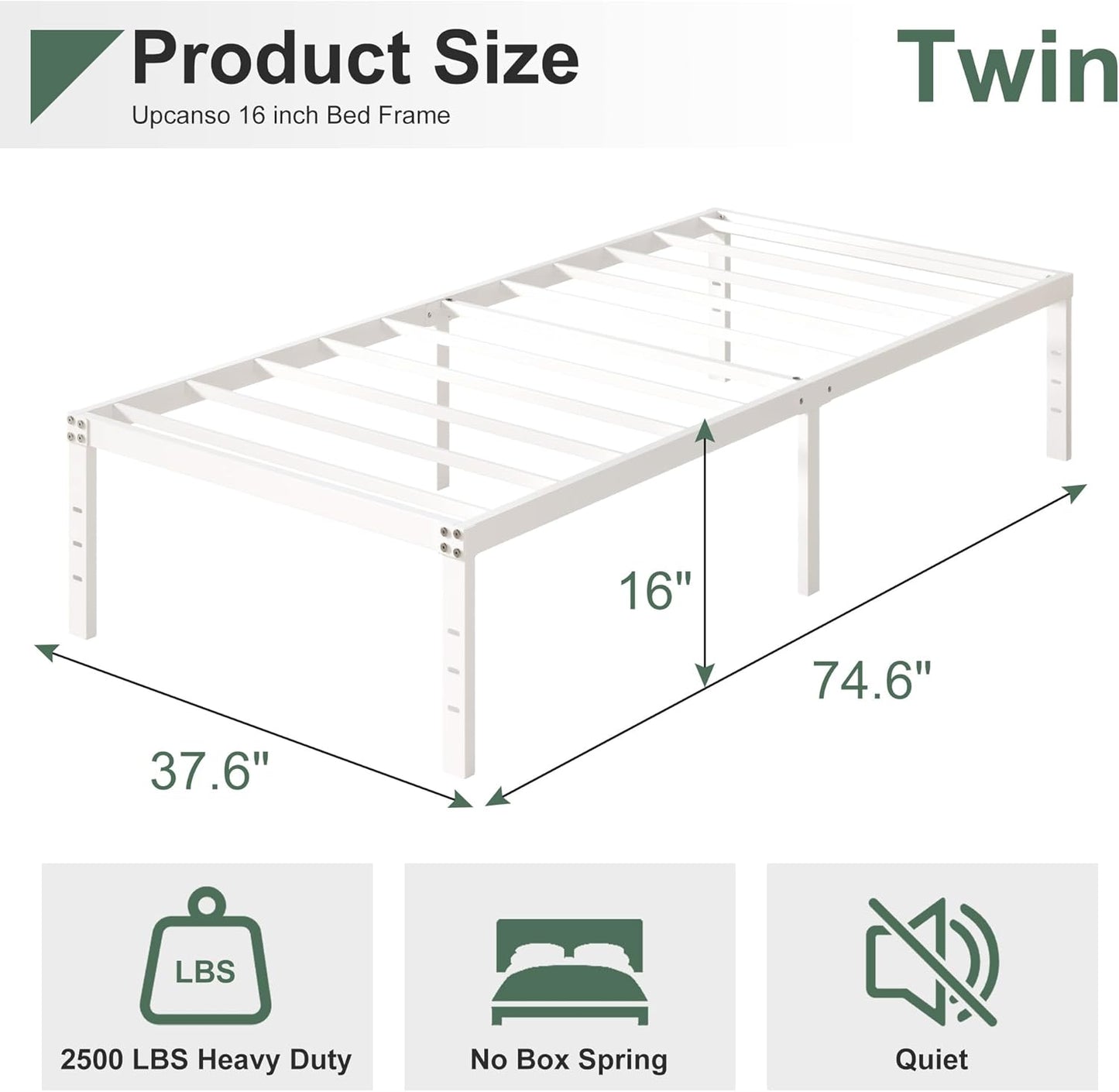 16 Inch White Twin Bed Frames No Box Spring Need, Metal Platform Bed Frame Twin Size Heavy Duty Mattress Foundation, Eassy Assembly 2,500 lbs Steel Slats Support