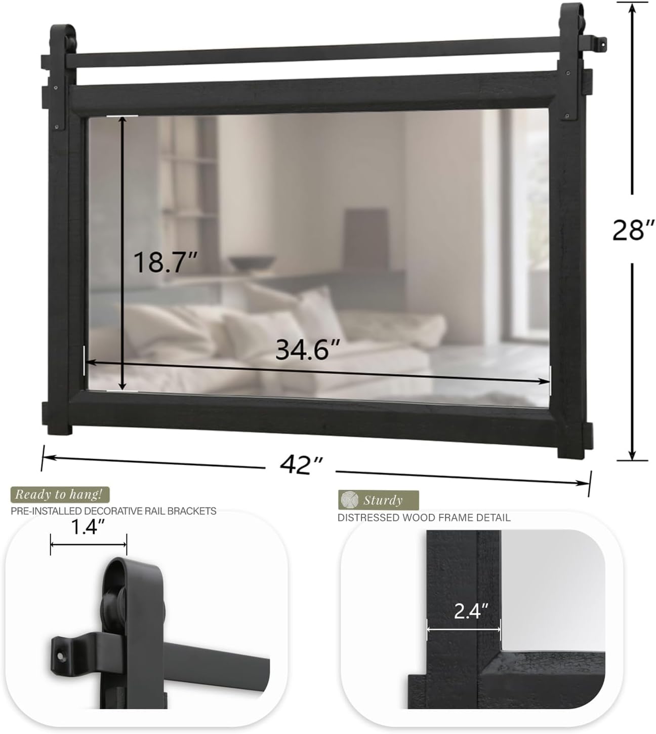 Bathroom Barn Door Mirror: 42"x28" Black Farmhouse Wood Frame - Rustic Wall Mirror for Entryway/Living Room Wall Decor