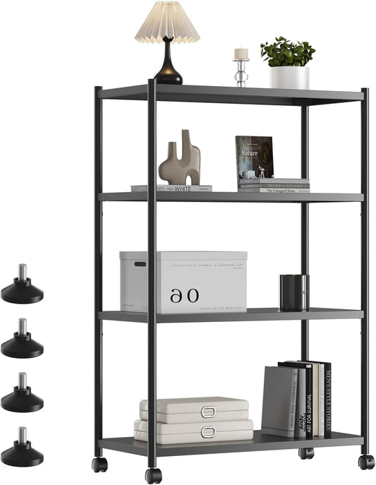 ZZL 4 Tier Bookshelf 31.49" Width,Book Organizers and Storage w/Wheels,Rustic Industrial Book Shelves for Home Office,Bedroom,School,Living Room(Black)