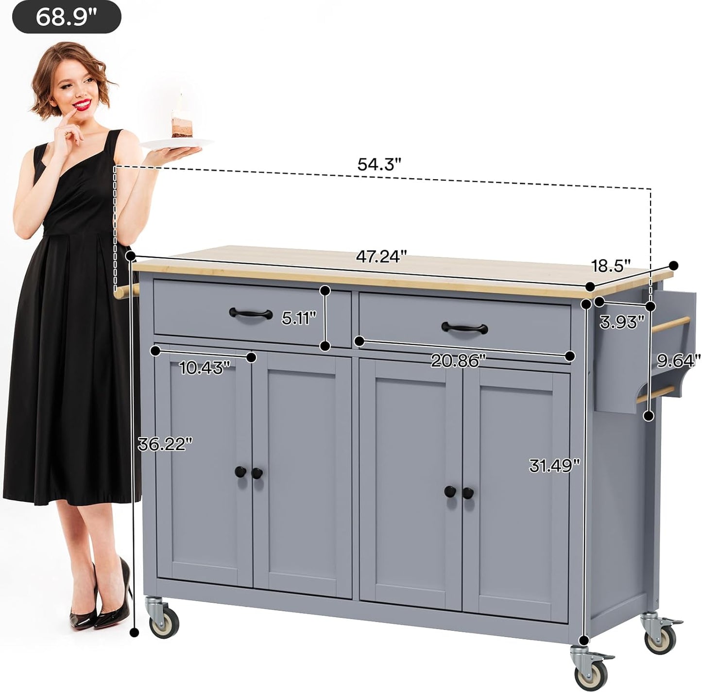 Rovibek Large Kitchen Island on Wheels with Storage 54 in Width Mobile Moveable Portable Rolling Wood Islandfor Kitchen Dining Room with Drawers Cabinet Spice Rack Towel Rack