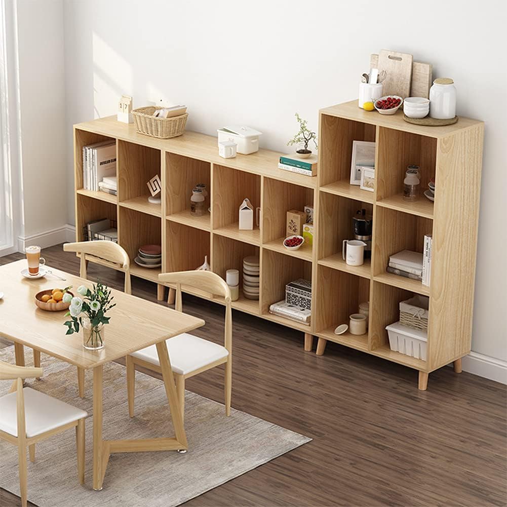 IOTXY Freestanding Open Cubes Bookcase - 2-Tier Floor Standing Wooden Storage Display Cabinet Organizer with Legs for Home Office, 4-Cubes Open Shelf Low Short Bookshelf, Oak