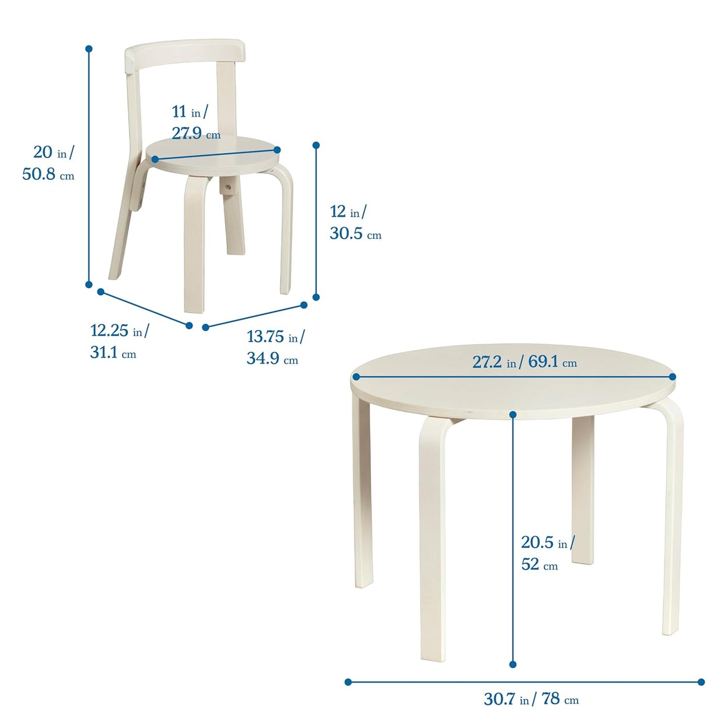 ECR4Kids Bentwood Round Table and Curved Back Chair Set, Kids Furniture, White Wash, 5-Piece