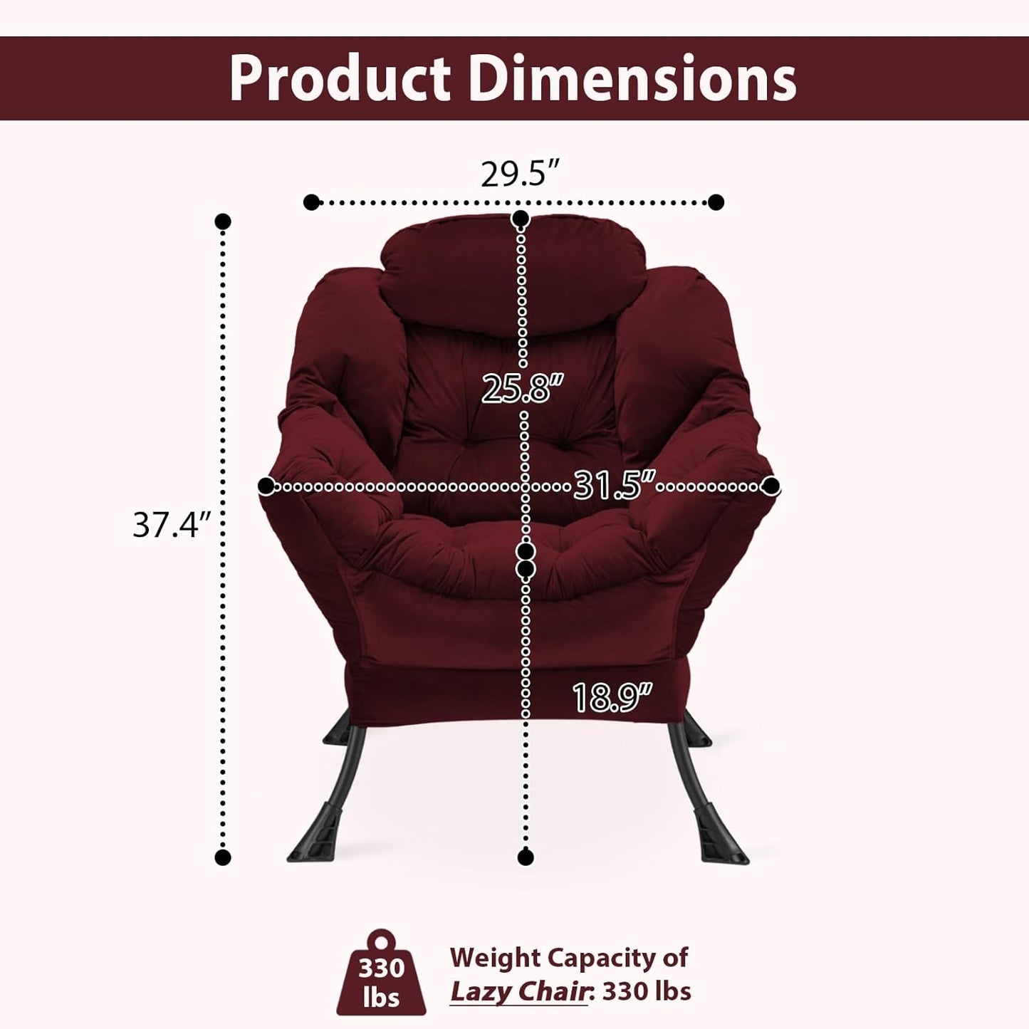 Lazy Chair Thick Padded, Comfy Velvet Accent Lounge Chair with Stable Frame, Leisure Sofa Armchair with Armrests and Side Pocket, Reading Chair for Bedroom, Living Room, Office, Burgundy