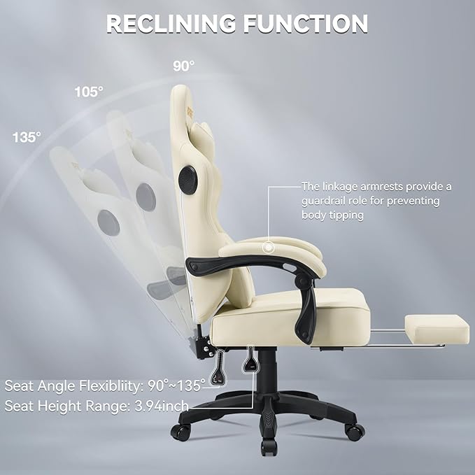 HOFFREE Gaming Chair with Speakers Massage Computer Gaming Chair with Pocket Spring Cushion for Adults Reclining Gamer Chair with Bluetooth Video Game Chairs with Footrest Ivory