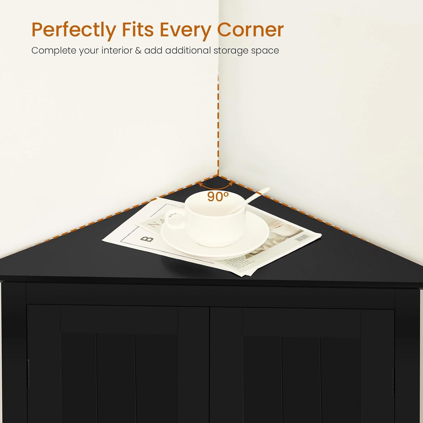 Iwell Corner Cabinet, Corner Bathroom Cabinet with 2 Doors & Adjustable Shelves, for Bathroom, Living Room, Kitchen, Black