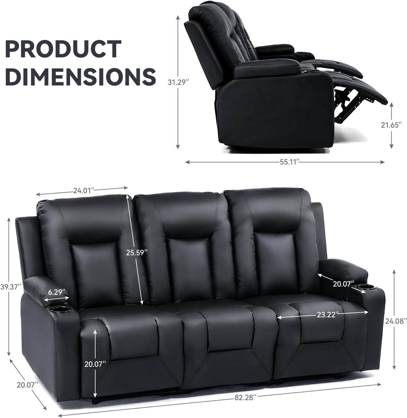 COMHOMA Living Room Furniture Set,Bonded Leather Loveseat Sofa with Cup Holder Recliner Chair,3+2,Black