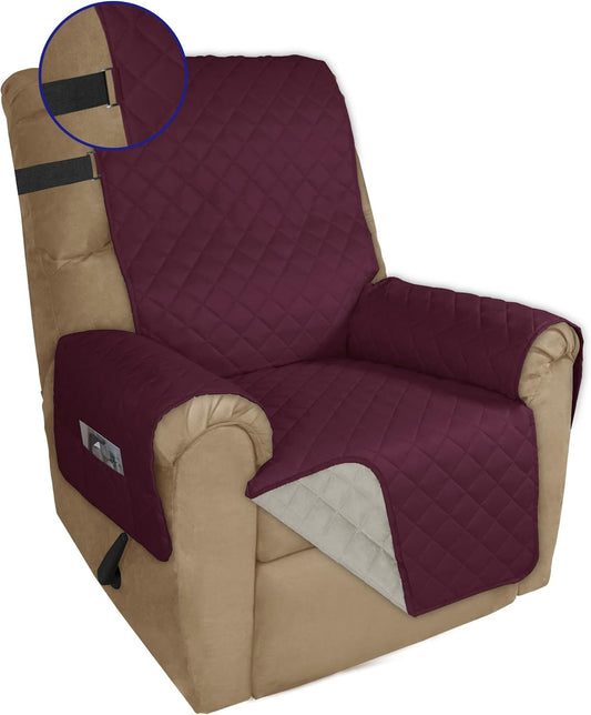 PureFit Reversible Sofa Cover Water Resistant Recliner Couch Cover, Machine Washable Furniture Cover with Adjustable Strap for Dogs, Pets (Recliner, Wine/Beige)