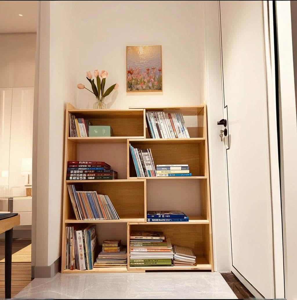 Wooden Extendable Bookcase,Open Low Bookshelf, 4-Shelf Storage Unit, Freestanding Bookcase for Small Spaces or Corners, Stylish Shelves for Living Room and Office (Wood Color, L)