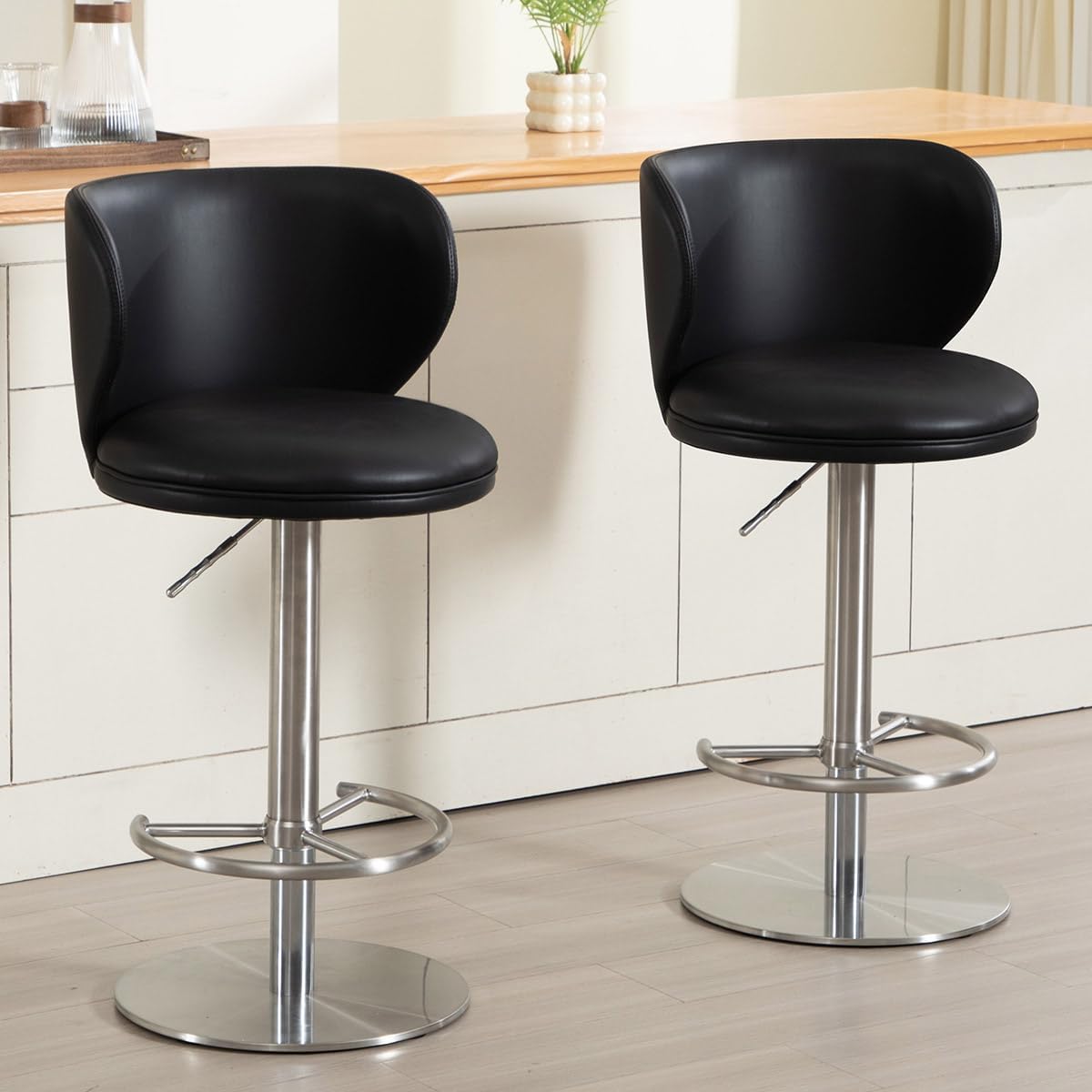 Stainless Steel Bar Stools,Grade Modern Leather Bar Chair with Backrest,Swivel Adjustable Height for Kitchen Counter and Dining Room (Black Leather-1pc)