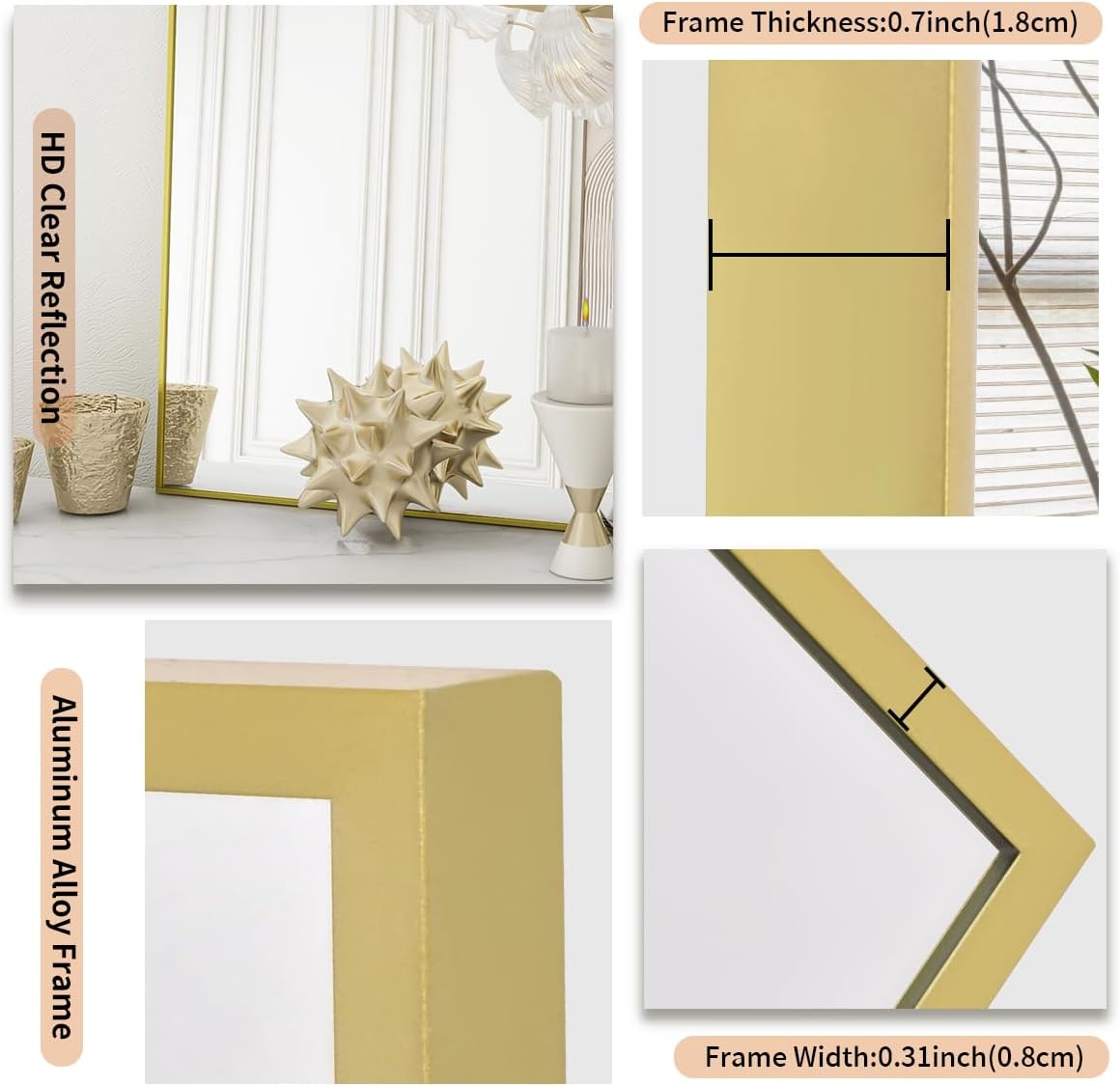 Koonmi Gold Mirrors for Wall, 26x38 Inch Bathroom Mirror, Rectangular Wall Mirror for Living Room Bedroom Bathroom, Hangs Horizontally or Vertically