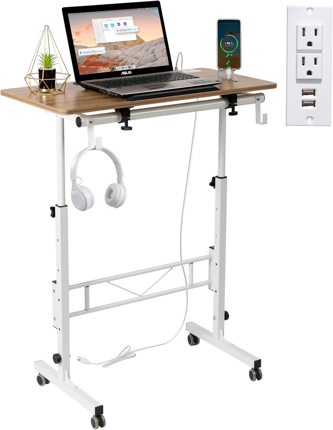SIDUCAL Standing Desk Height Adjustable with Tiltable Tabletop, Rolling Laptop Desk with Charging Station, Sit Stand Portable Stand Up Desk with Wheels, Vintage Oak