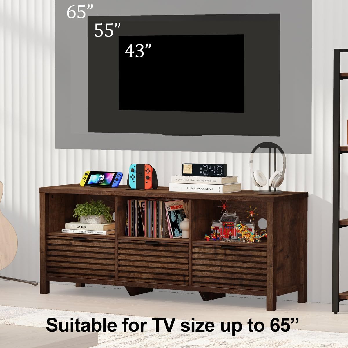 BON AUGURE TV Stand, Mid Century Modern Media Console for 65/55/50 Inch TVs, Wood Fluted Entertainment Center with Storage for Living Room, Bedroom (Rustic Oak)
