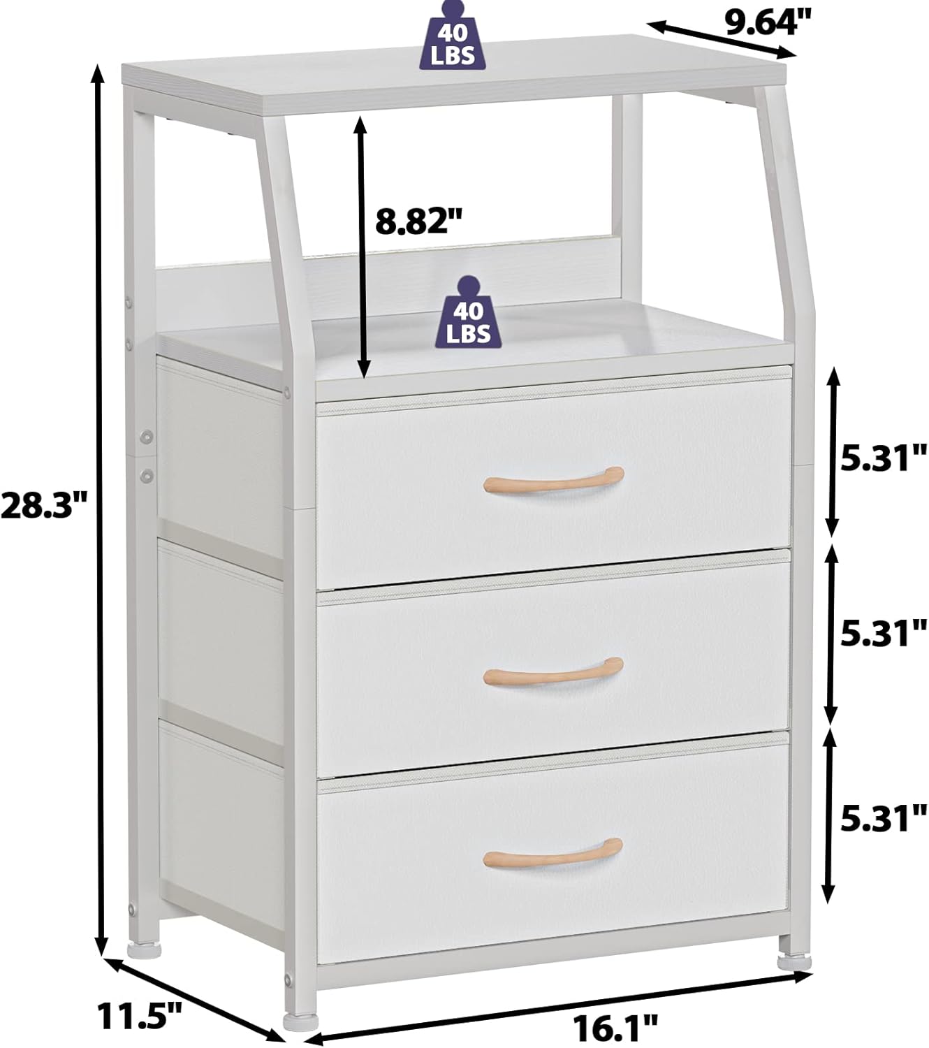 Furnulem White Nightstand with 3 Drawers and 2-Tier Shelf, Small Night Stand End Table Side Furniture, Fabric Storage Organizer for Bedroom, Closet, Hallway, Nursery, Sturdy Steel Frame, Wood Top