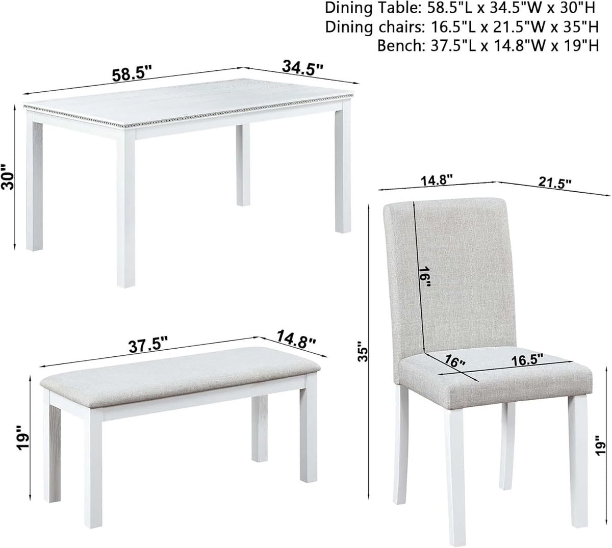 Dining Table Set for 5, 6 Piece Dining Room Table Set with Rectangular Crystal Decoration Table, 4 Upholstered Backrest Chairs and Bench, Counter Height Kitchen Sets with MDF Tabletop, White