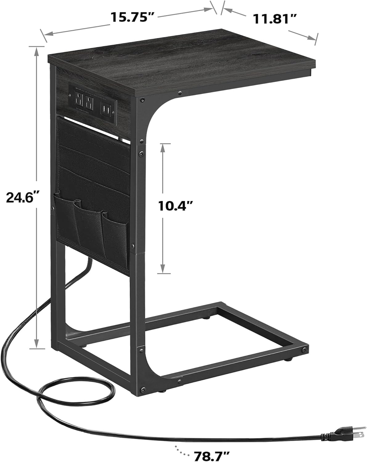 TUTOTAK C Shaped End Table with Charging Station, Side Table for Sofa, Couch Table with Storage Bag, TV Tray Table with 2 USB Ports and Outlets for Living Room, Bedroom, TB01BY024