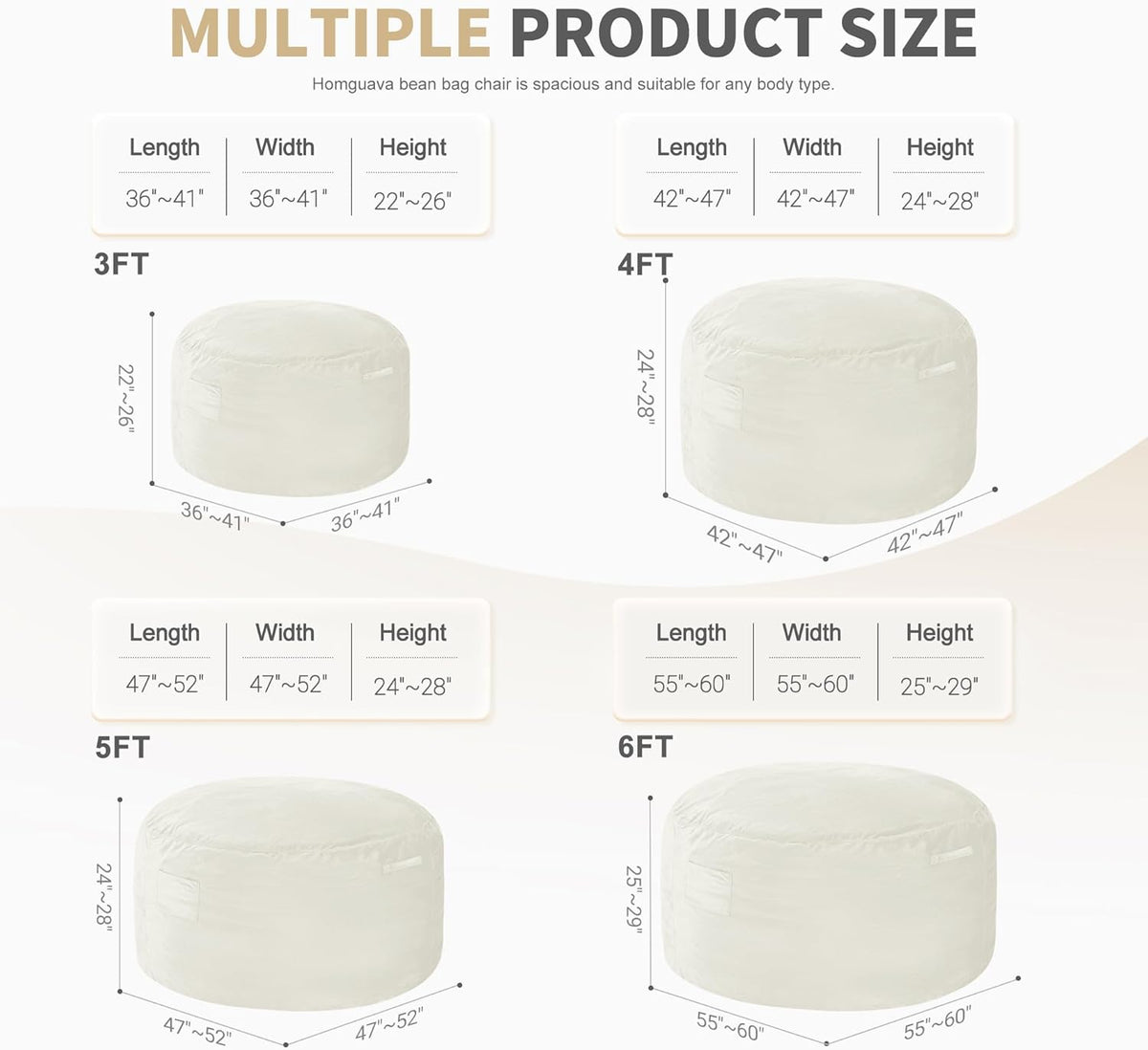 Homguava 4 FT Bean Bag Chair: 4' Bean Bags with Memory Foam Filled, Large Beanbag Chairs Soft Sofa with Dutch Velvet Cover-Beige