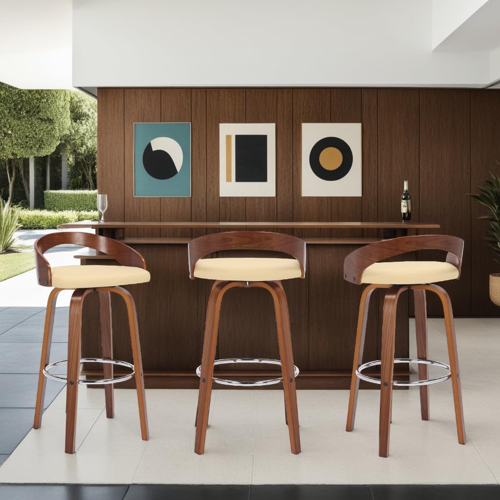 Armen Living Sonia 30" Bar Height Swivel Cream Faux Leather and Walnut Wood Bar Stool - Set of 3