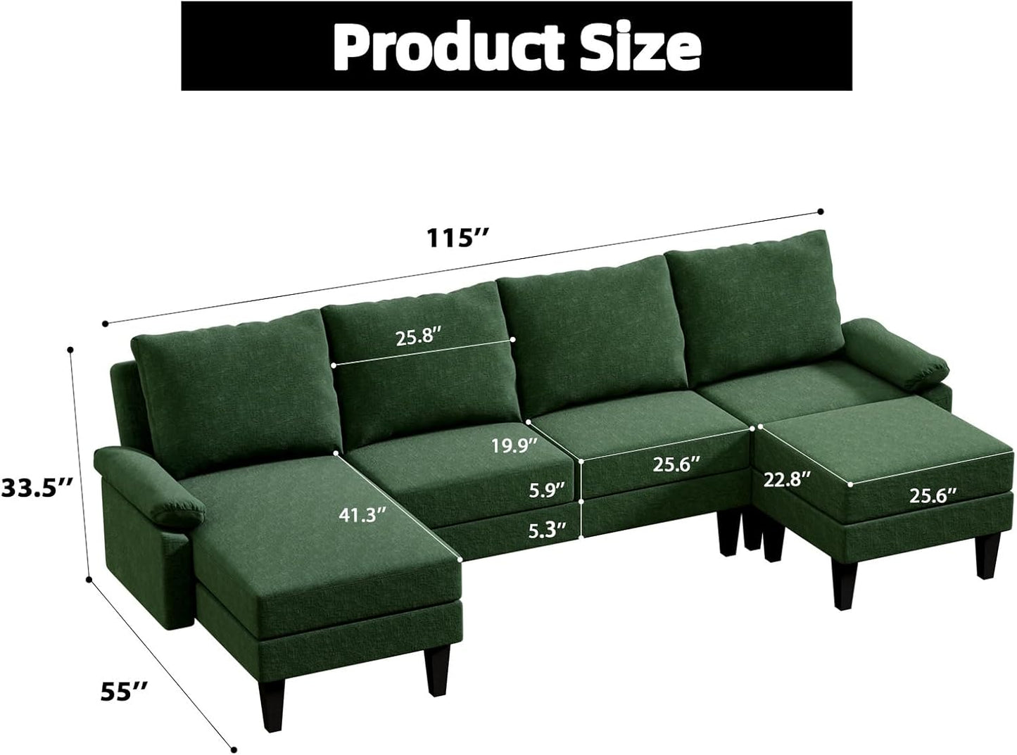 110 Inch U Shaped Sectional Couch with Storage Space, 6-Seat Sofa with Moveable Ottoman, Modern Modular Sofa for Living Room, Apartment, Green