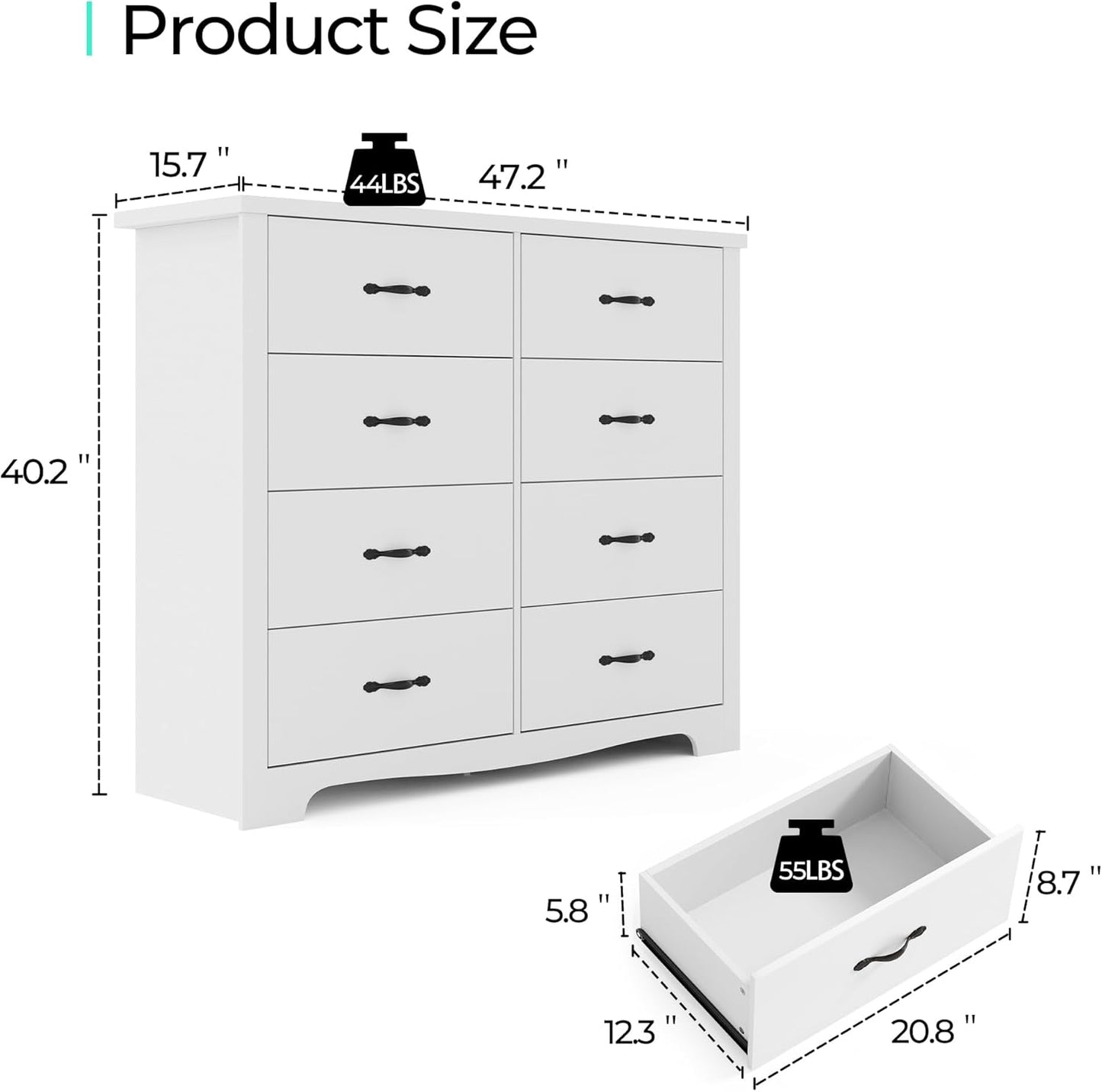 LINSY HOME White 8-Drawer Dresser - Modern Bedroom Chest with Wide Drawers, Wood Storage Organizer for Bedroom or Living Room