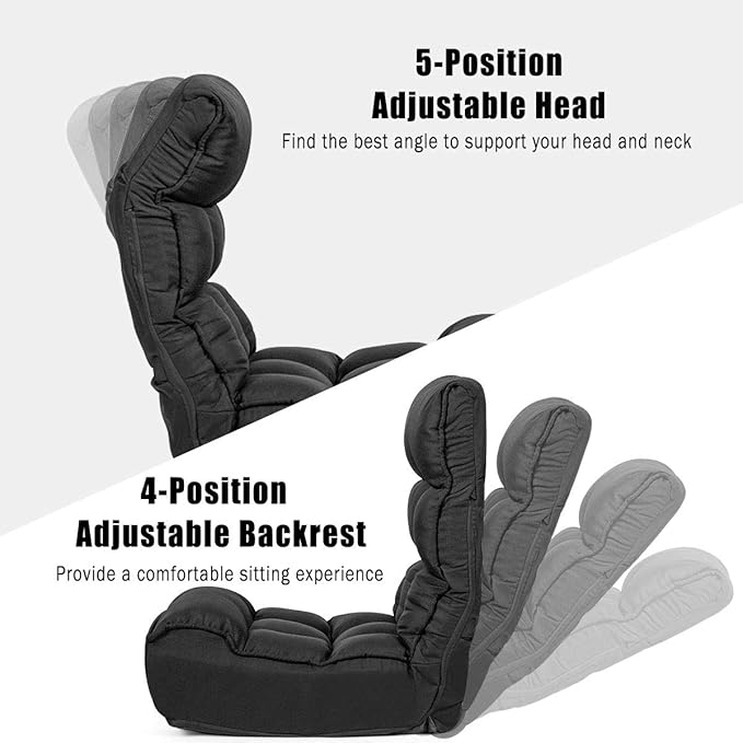 DORTALA Foldable Floor Chair for Adults, Memory Foam Gaming Chair w/ 5-Position Adjustable Head and Back Support, Indoor Seat for Bedroom, Living Room, Gaming Room, Black