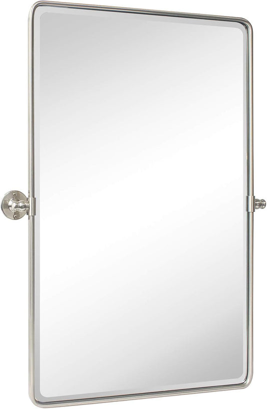 TEHOME 27 x 35'' Farmhouse Brush Nickel Metal Framed Pivot Rectangle Bathroom Mirror Tilting Beveled Vanity Mirrors for Wall