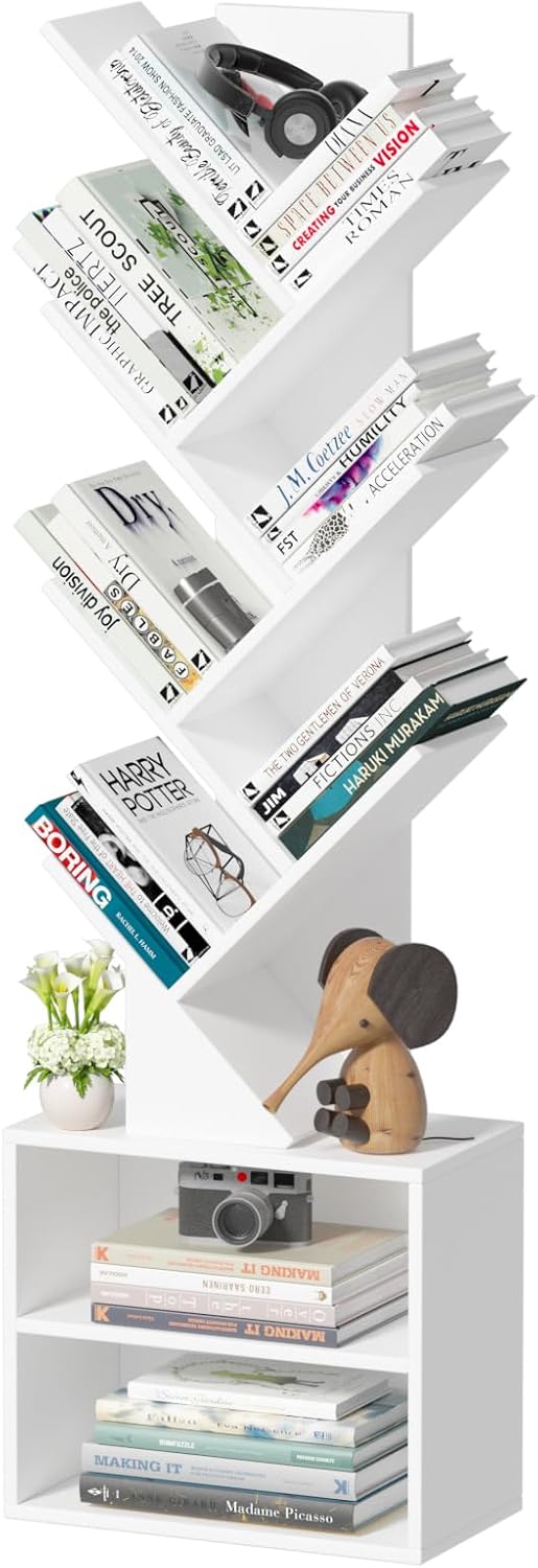 10 Tier Tree Bookshelf,Floor Standing Wood Tall Bookcase for Narrow Space, Storage Organizer Bookshelves for Books, Book Case for CDs/Movies/Books,Home Office,Living Room, Bedroom