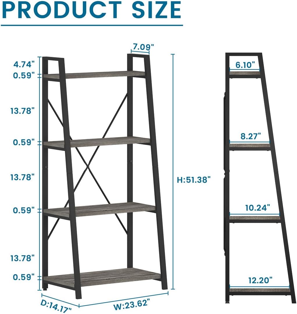 BON AUGURE Ladder Bookshelf, 4 Tier Ladder Shelf Bookcase, Wood Leaning Book Shelves for Living Room, Bedroom, Home Office Shelving Unit (Dark Grey Oak)