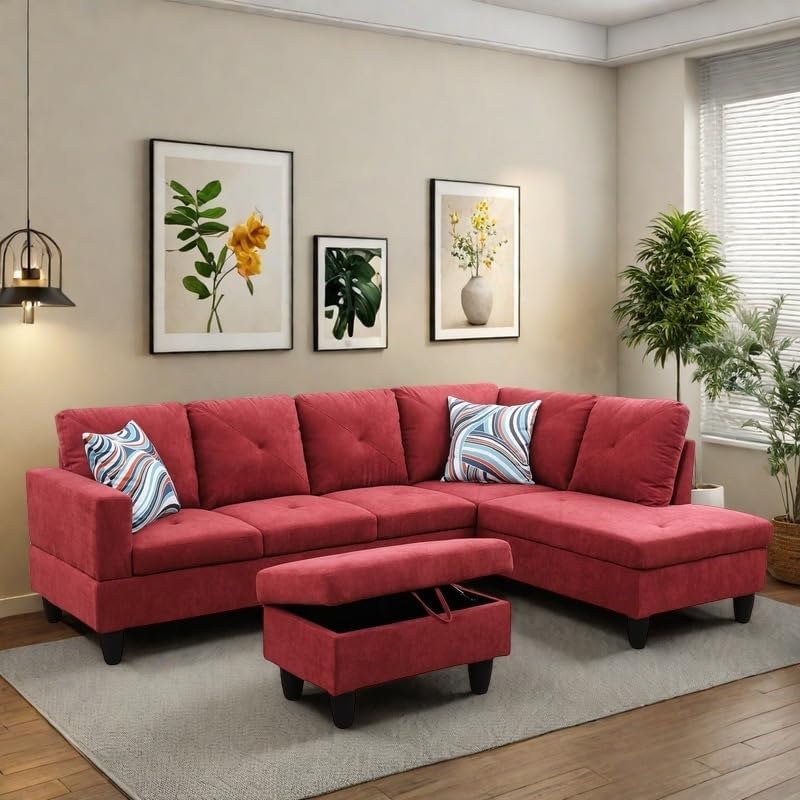 NAYSAYE L Shaped Couch, Modular Sectional Couch with Ottoman Storage, Modern Lounge Sofa Convertible Sectional Couches for Living Room, Apartment, Red