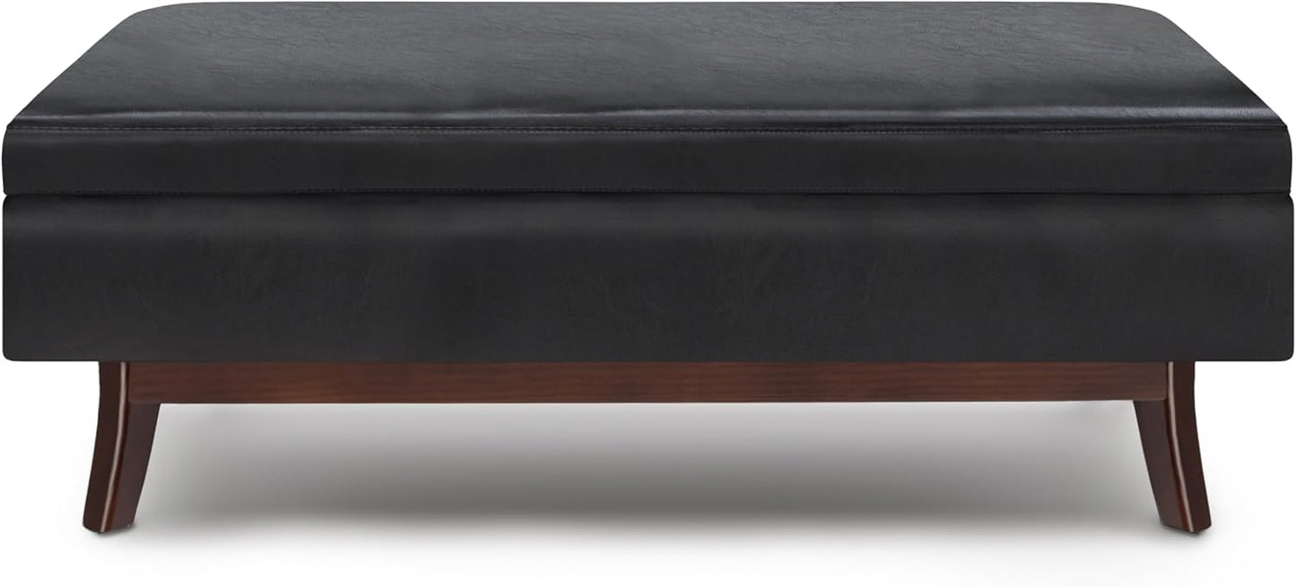 SIMPLIHOME Owen 48 inch Wide Mid Century Modern Rectangle Rectangular Storage Ottoman in Midnight Black Vegan Faux Leather, Assembled, for the Living Room, Entryway and Family Room