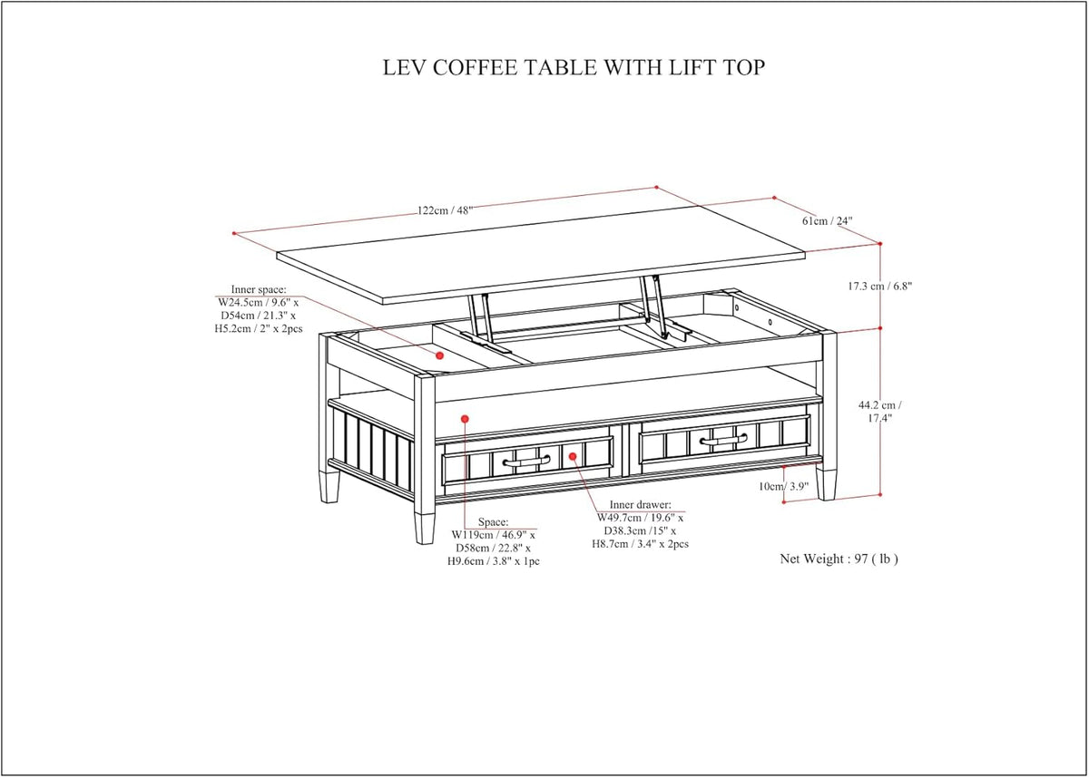 SIMPLIHOME Lev Lift Top Coffee Table - 48 inch Wide Solid Wood Rectangle Living Room Table in Smoky Brown, Transitional Cocktail Table for Family Room with Hidden Storage and Open Shelf