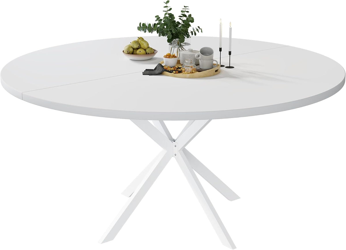 47.24" Round Dining Table, Modern Dining Room Table for 4-6 Person, Wood Round Kitchen Table with Metal Legs, Round Coffee Table for Home Dining Room Living Room (White)