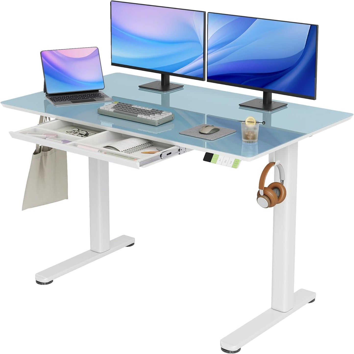 INNOVAR Glass Standing Desk with Drawers, Adjustable Height Stand Up Desk, Electric Standing Desks with Storage, 48 inch, Morandi Blue