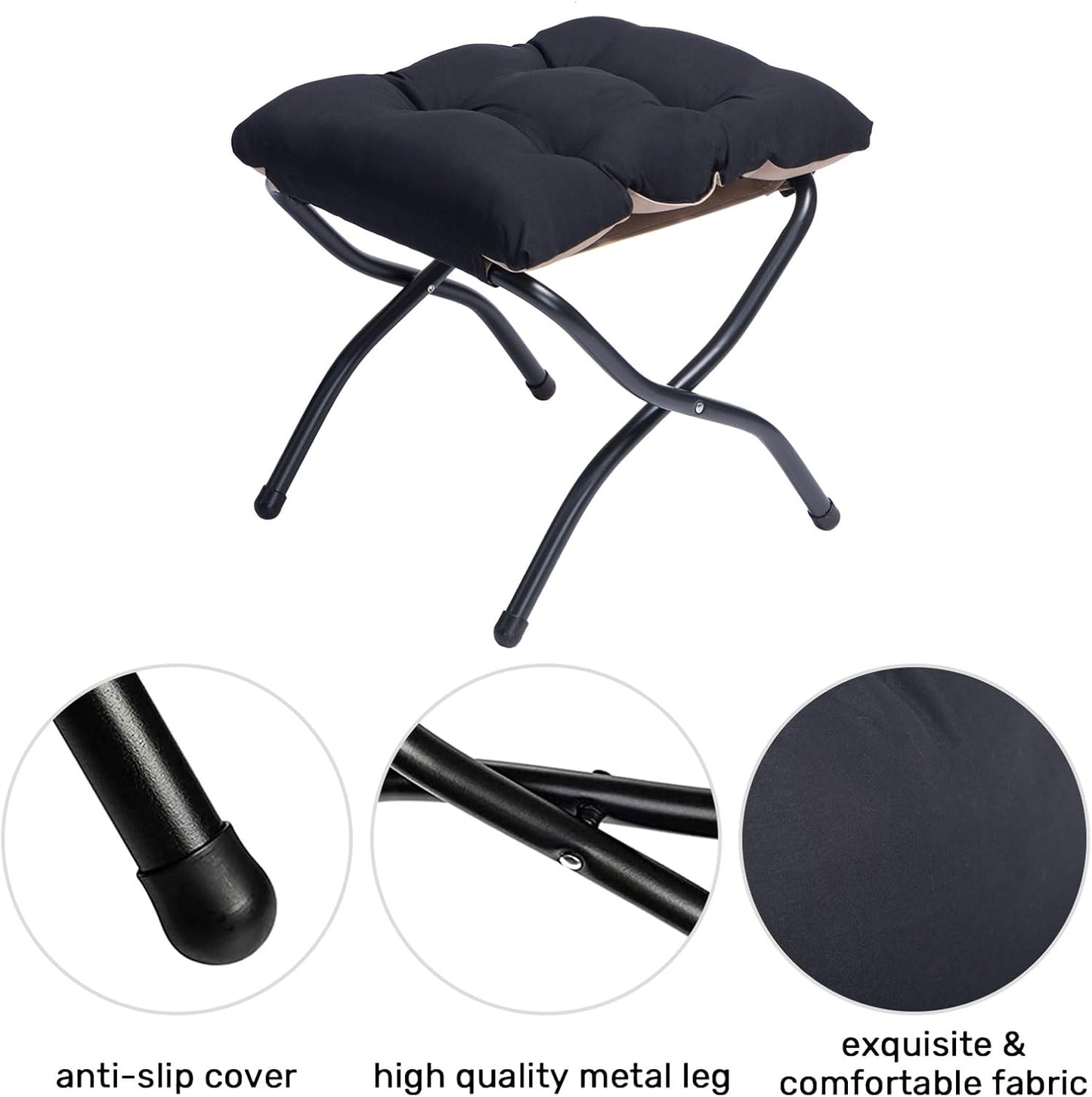 HollyHOME Fabric Lazy Chair with Foldable Ottoman, Accent Comfy Lounge Arm Chair and Folding Footrest Stool Set, Leisure Sofa Reading Chair and Footstool for Living Room, Bedroom, Dorm, Matte Black