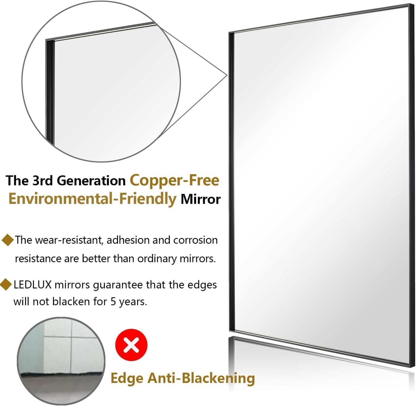 24x24 Inch Black Bathroom Mirror, Copper-Free Mirror, Aluminum Alloy Frame Vanity, Rectangle Wall Mounted Modern Mirror for Bedroom/Living Room/Porch Horizontal or Vertical